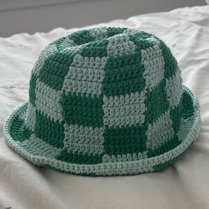 Green Checkered Crochet Beach Vacation Hat OS